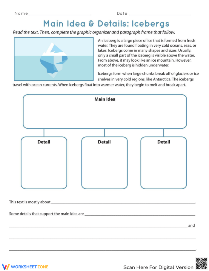 Worksheet for third graders on identifying the main idea and details about icebergs