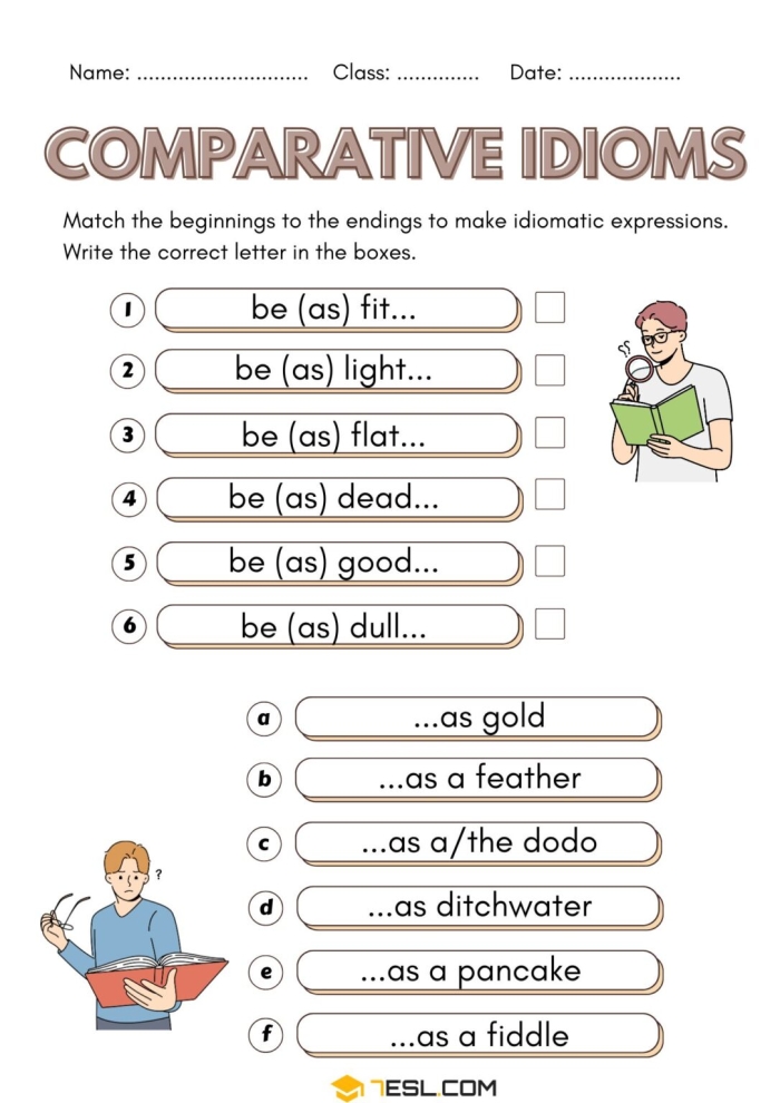 Identical Idioms Matching Exercise for Elementary Reading Practice Fifth grade students matching idiom pairs with identical meanings on a worksheet activity
