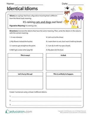 Identical Idioms Matching Exercise for Elementary Learners Fifth grade students matching identical idioms with the same meanings on a worksheet activity