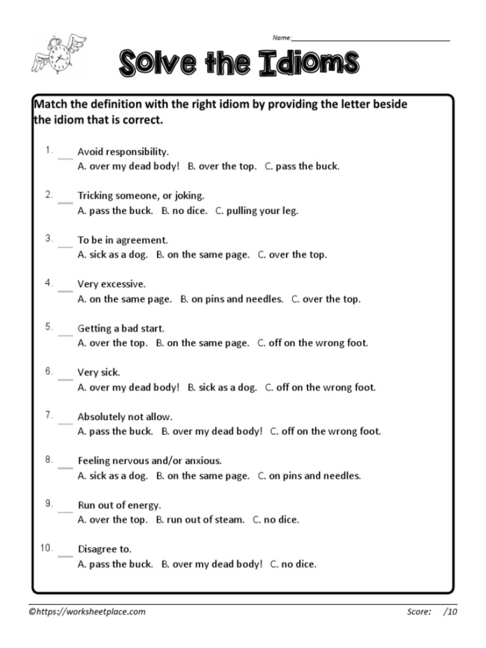 Identical Idioms Matching Exercise for Elementary Reading Comprehension Fifth grade students matching identical idioms with the same meanings on a worksheet activity