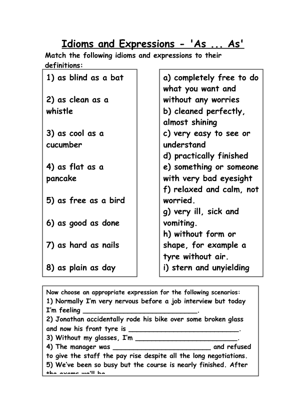 Matching Identical Idioms Worksheet for Fifth Grade Lesson 7 Fifth grade students matching identical idioms on a printable educational worksheet