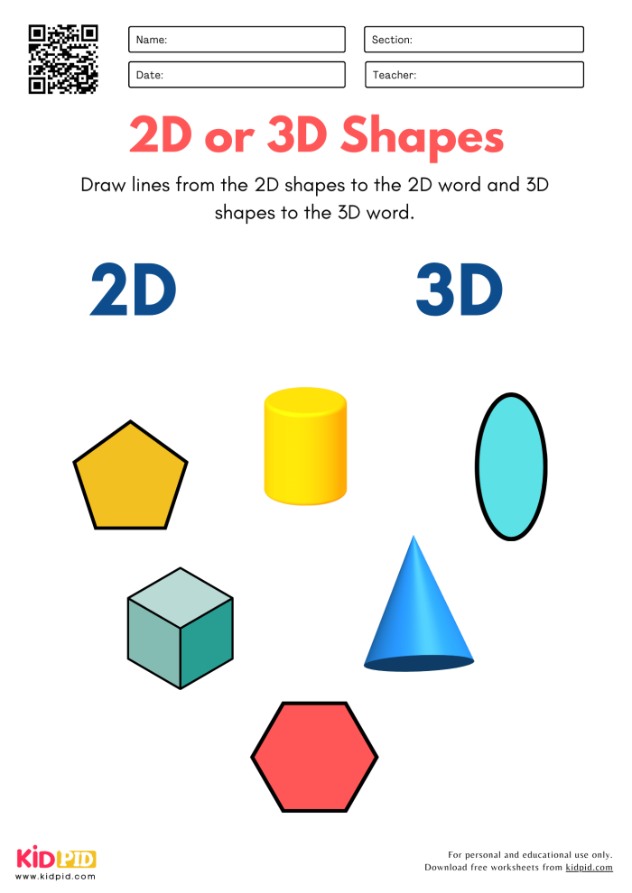 Worksheet featuring 2-D and 3-D shapes for second graders to practice identifying and naming. Identify 2-D and 3-D Shapes worksheet for grade 2 reading activities.