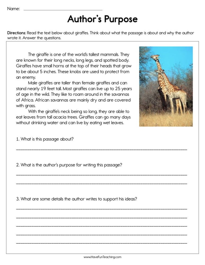 Students working on the Identify the Author's Purpose worksheet for fourth grade reading