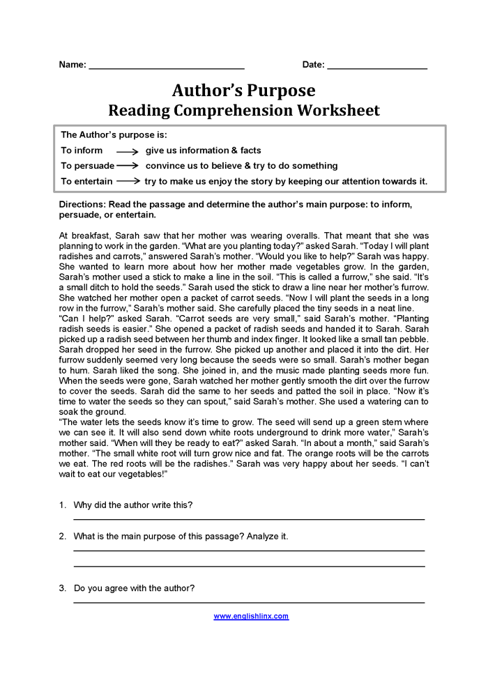 Identify the Author's Purpose worksheet for fourth graders focusing on persuasion, information, and entertainment