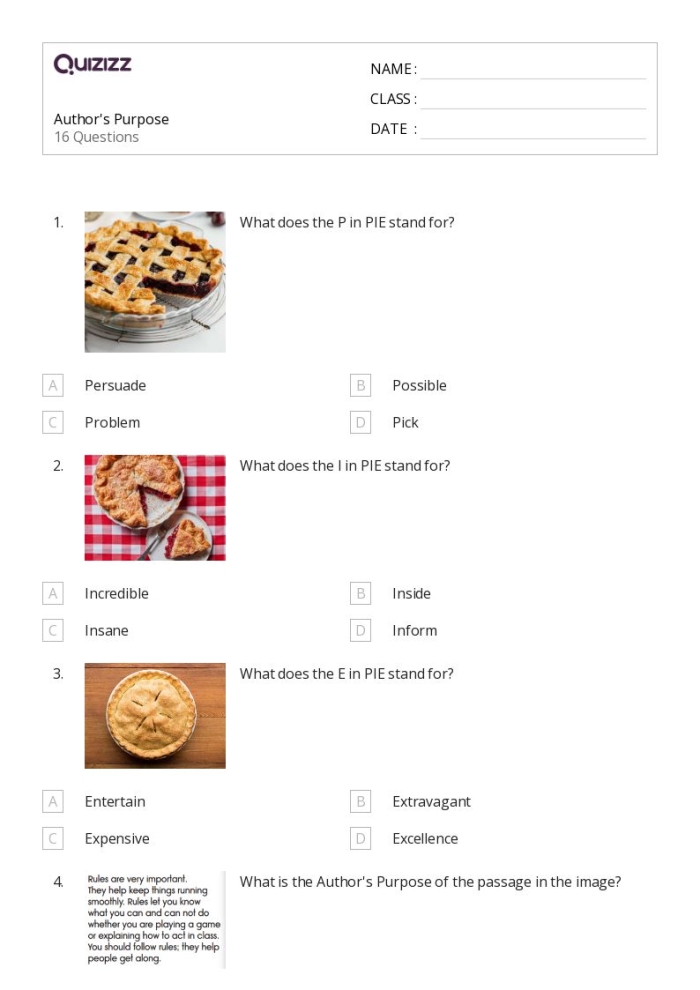 Fourth grade reading worksheet featuring exercises to identify if an author is writing to persuade, inform, or entertain
