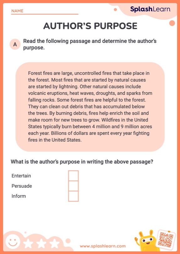 Fourth grade student practicing how to identify the author's purpose with a reading comprehension worksheet
