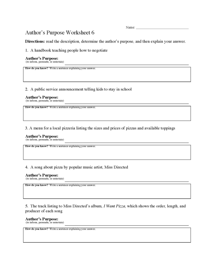 Worksheet for identifying the author's purpose in different texts for fourth graders