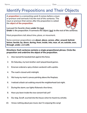 Fifth grade grammar worksheet focused on identifying prepositions and their objects