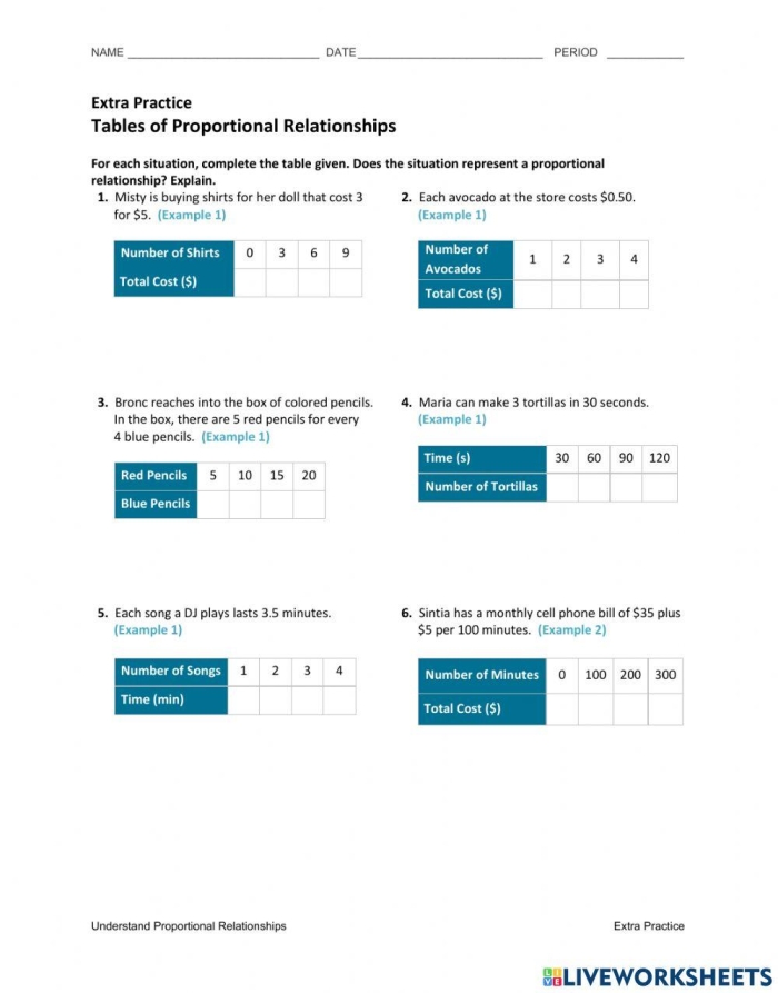 A seventh grade math worksheet showing a table with two columns of quantities and spaces for students to write ratios to determine if the relationship is proportional