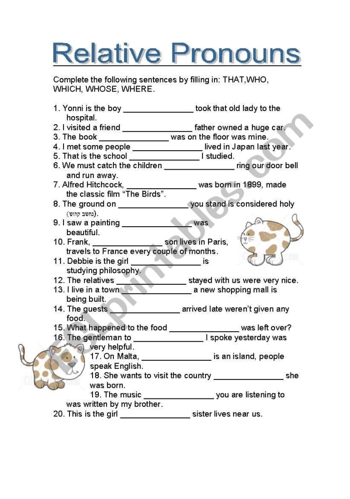 Identify Relative Pronouns Worksheet for Fourth Grade Students Worksheet for practicing the identification of relative pronouns in sentences