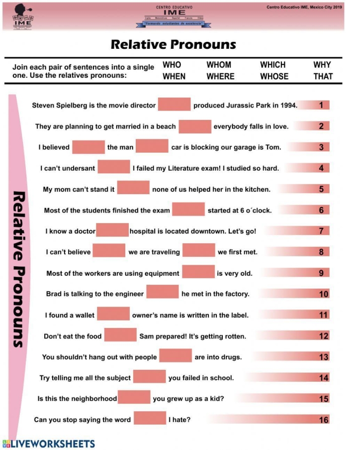 Addition worksheet for Fourth Grade Identify relative pronouns worksheet for fourth graders focusing on grammar skills. Worksheet image for practicing the identification of relative pronouns in sentences.