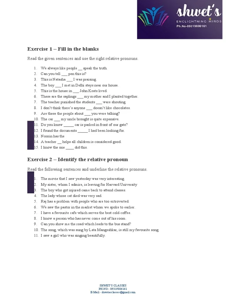 Grammar practice worksheet for recognizing relative pronouns in written contexts Worksheet focused on identifying relative pronouns in sentences for fourth-grade students