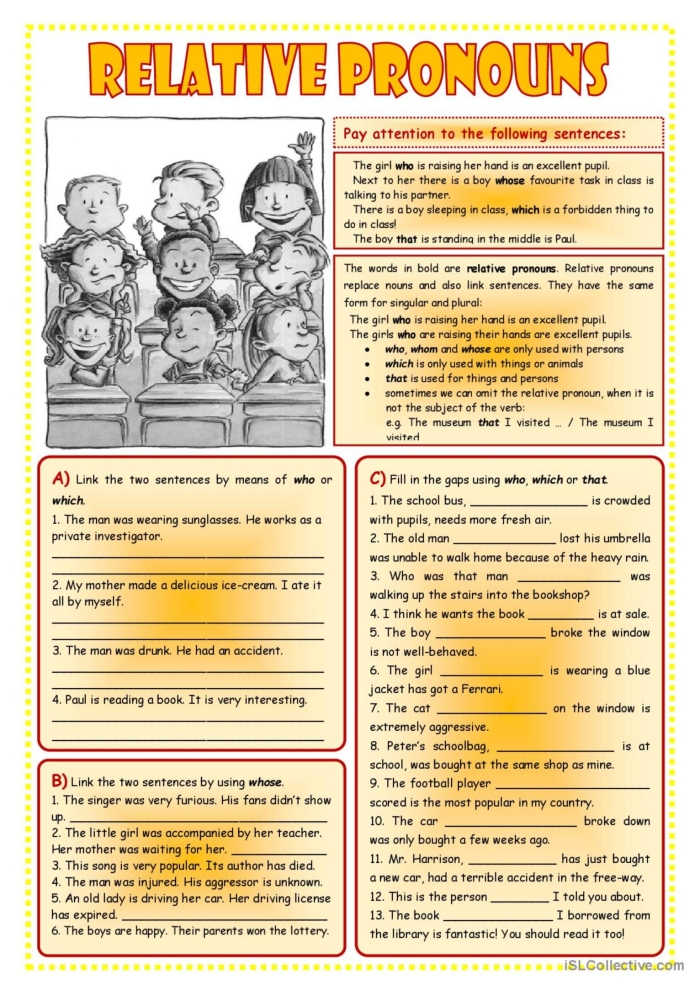 A helpful resource for practicing relative pronouns in grammar lessons Worksheet featuring exercises on identifying relative pronouns in sentences for fourth graders