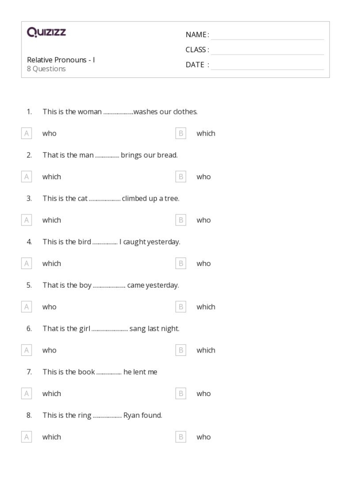 Worksheet featuring exercises on recognizing relative pronouns in sentences for fourth-grade students Identify Relative Pronouns worksheet designed for fourth graders to enhance grammar skills