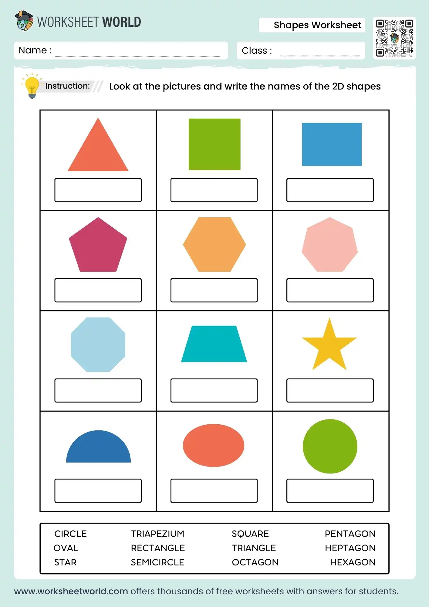 Identify Shapes worksheet for First Grade