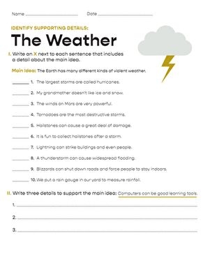 Children engaging with a worksheet on identifying supporting details about weather