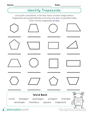 Trapezoids identification activity for second graders in geometry Worksheet for identifying trapezoids among various shapes for second-grade students