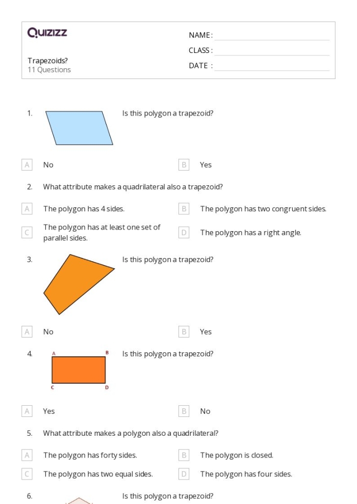 Identify Trapezoids Worksheet for Geometry Practice in Second Grade Worksheet featuring various shapes to identify trapezoids for second graders