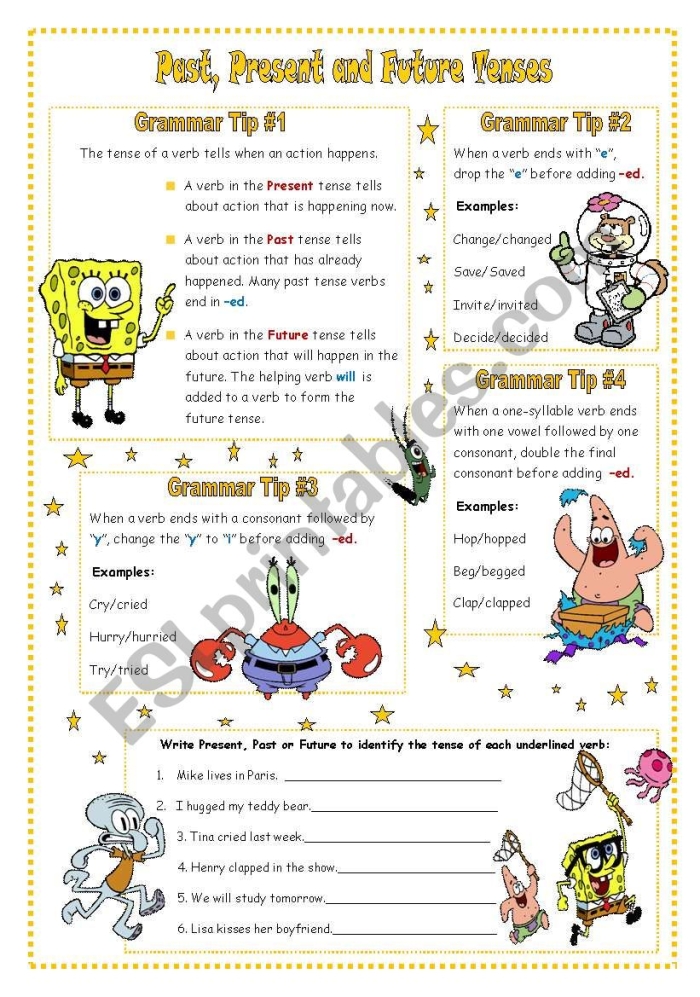 Practice identifying verb tenses in written sentences for fifth grade students Fifth grade grammar worksheet focused on identifying past, present, and future verb tenses