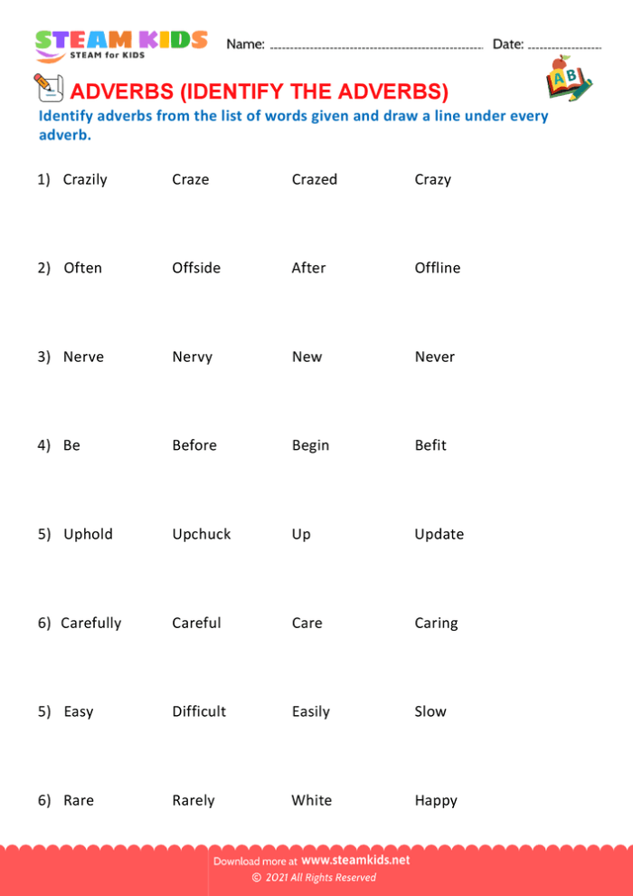 Second grade student working on a printable worksheet to identify adverbs in sentences