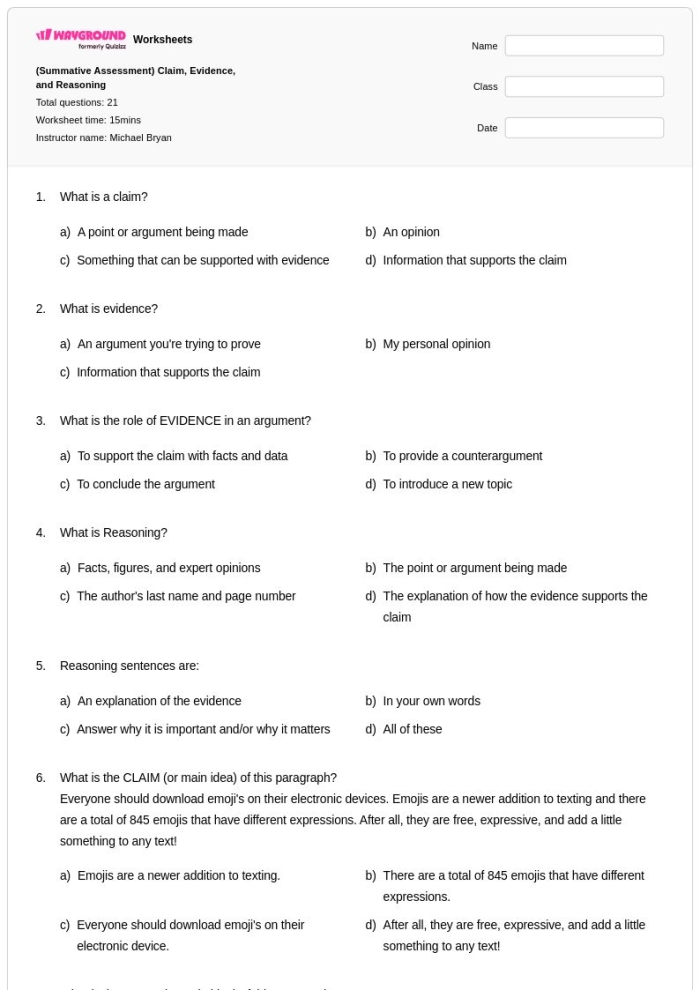Second grade students analyzing nonfiction text to identify author's claim, reasons, and supporting evidence on a worksheet