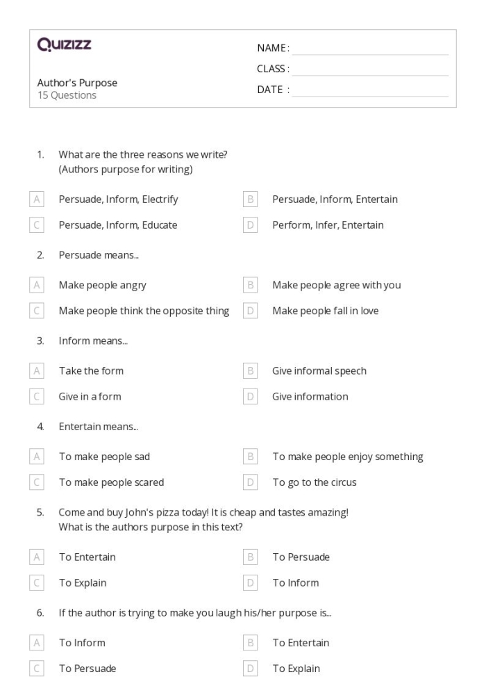 Worksheet for identifying the author's purpose in reading comprehension activities for fourth graders