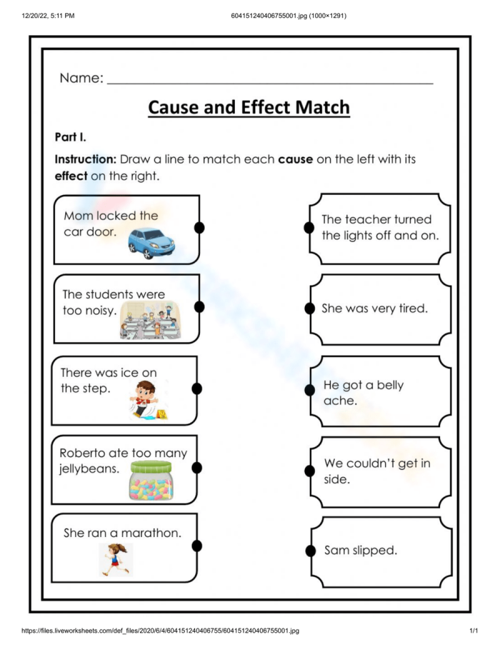 Second grade student completing an Identifying Cause and Effect worksheet on a wooden desk