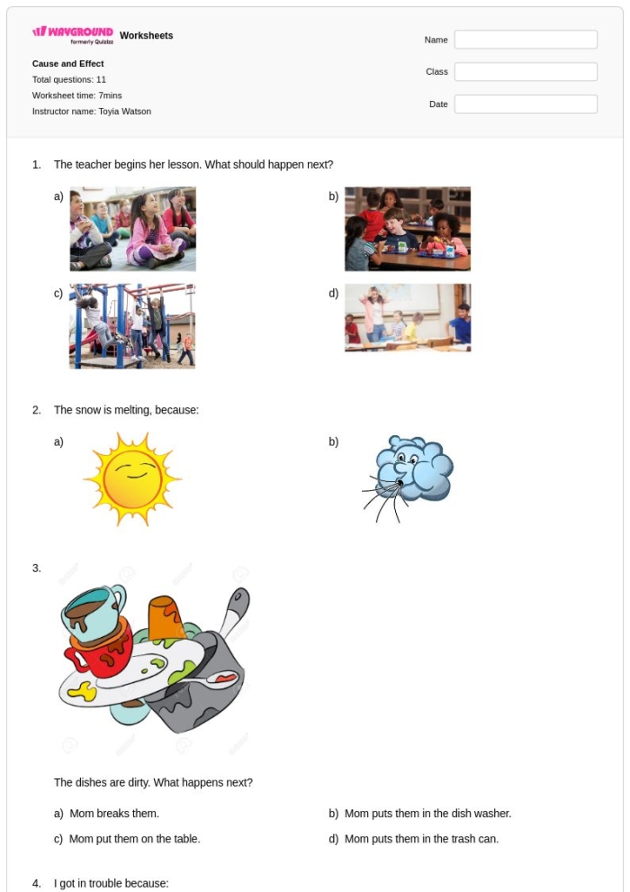 Identifying Cause and Effect worksheet designed for second graders to enhance logical thinking and reading skills