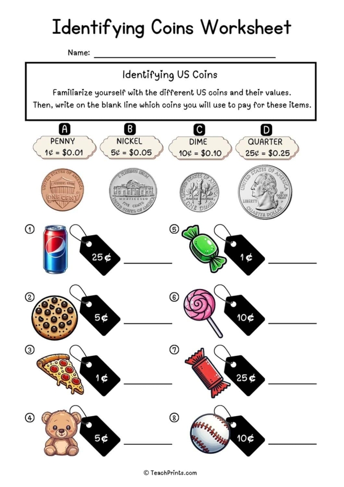 Second grade student completing an identifying coins check-in worksheet with pennies nickels and dimes