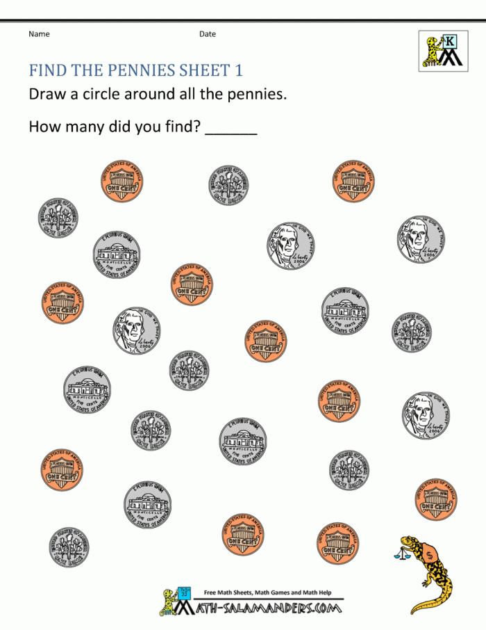 Colorful worksheet featuring various coins for kids to identify