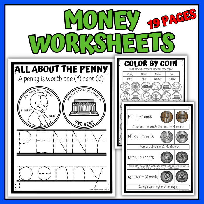 Kindergarten worksheet page featuring various US coins for students to identify as part of a place value lesson
