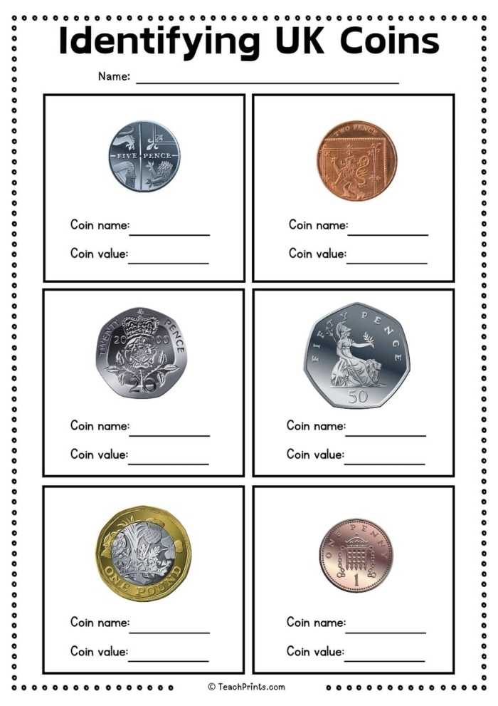 Second grade math worksheet featuring illustrations of pennies, nickels, and dimes for coin identification practice