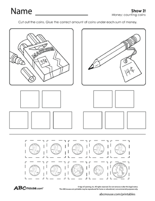 Worksheet featuring various coins for identification practice