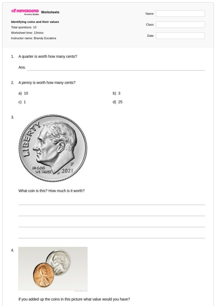 Second grade worksheet for identifying pennies, nickels, and dimes 19