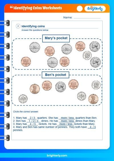 Second grade worksheet showing U.S. pennies, nickels, and dimes with identification exercises for coin recognition assessment
