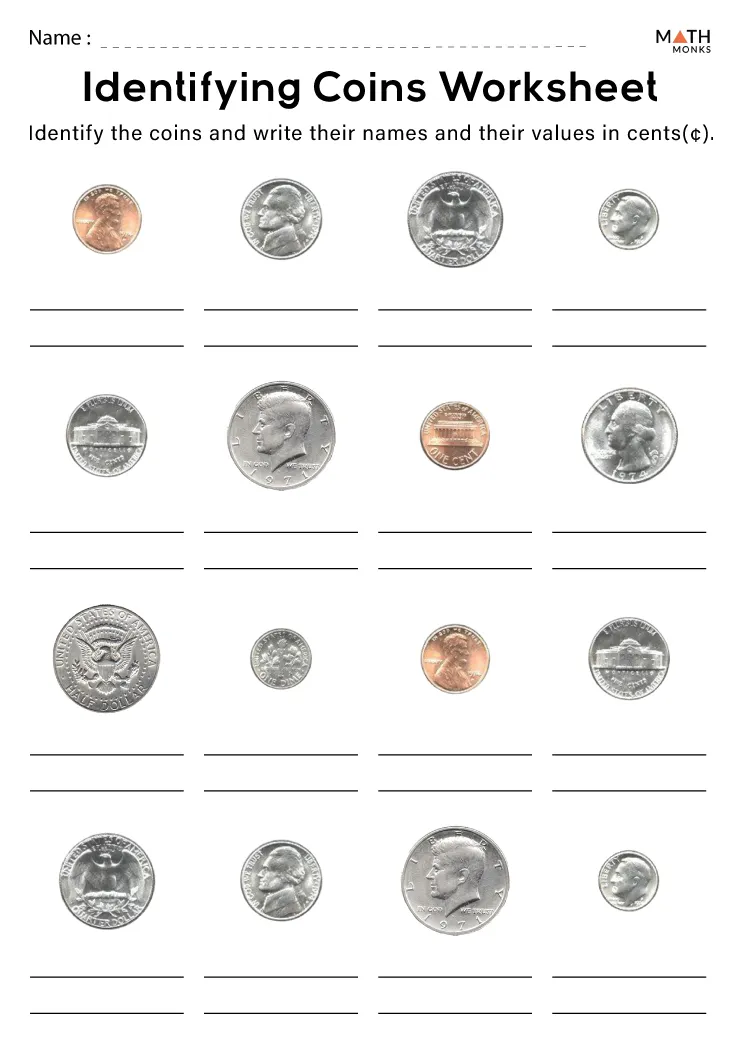 Second grade students identifying and naming pennies, nickels, and dimes on a coin recognition assessment worksheet