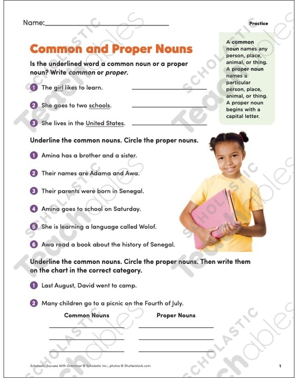 Fourth grade worksheet showing exercises to identify and distinguish between common and proper nouns with example sentences