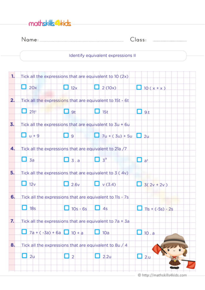 Practice worksheet on equivalent linear expressions for seventh-grade students Worksheet for identifying equivalent linear expressions in seventh-grade algebra