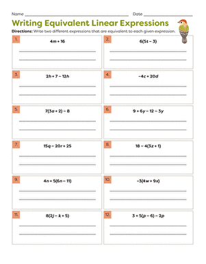 Identifying Equivalent Linear Expressions Practice Sheet for Grade 7 Worksheet illustrating equivalent linear expressions for seventh-grade students