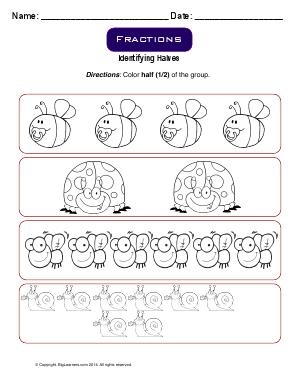 Second grade worksheet for identifying halves thirds and fourths in Spanish