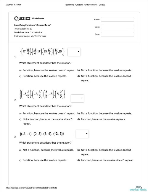 Identify Functions From Ordered Pairs Worksheet for Grade 8 Algebra Practice Eighth grade student working through algebra problems identifying functions from ordered pairs on a worksheet