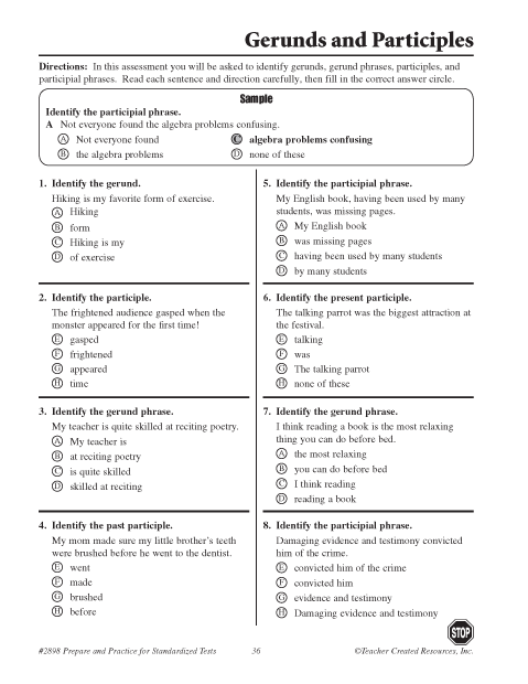 Grammar exercise: Differences between gerunds, infinitives, and participles, Image 25 Worksheet focusing on identifying gerunds, infinitives, and participles for eighth graders