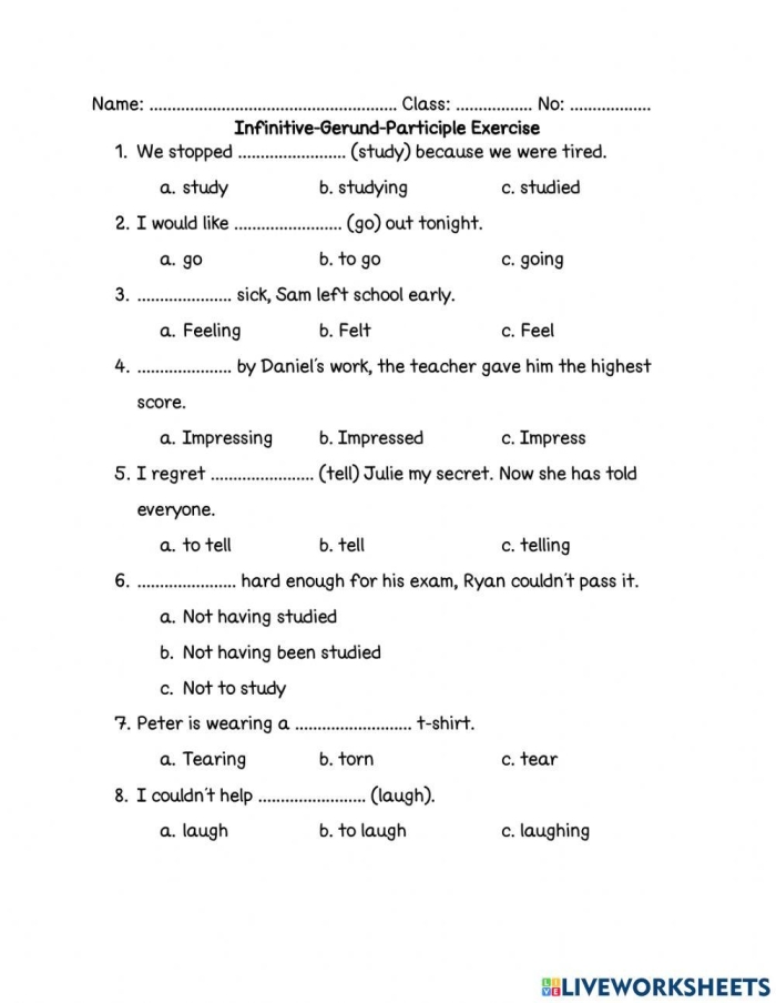 One-page grammar worksheet focused on gerunds, infinitives, and participles Worksheet for identifying gerunds, infinitives, and participles designed for eighth graders