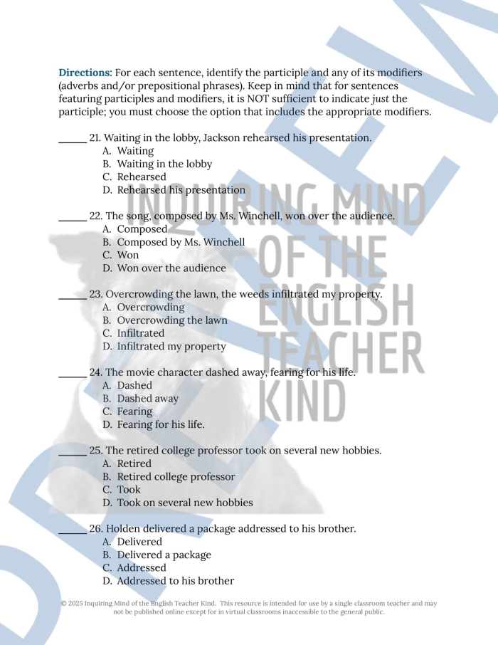 Identifying Gerunds, Infinitives, and Participles educational worksheet image 6 Worksheet featuring examples of gerunds, infinitives, and participles for eighth graders