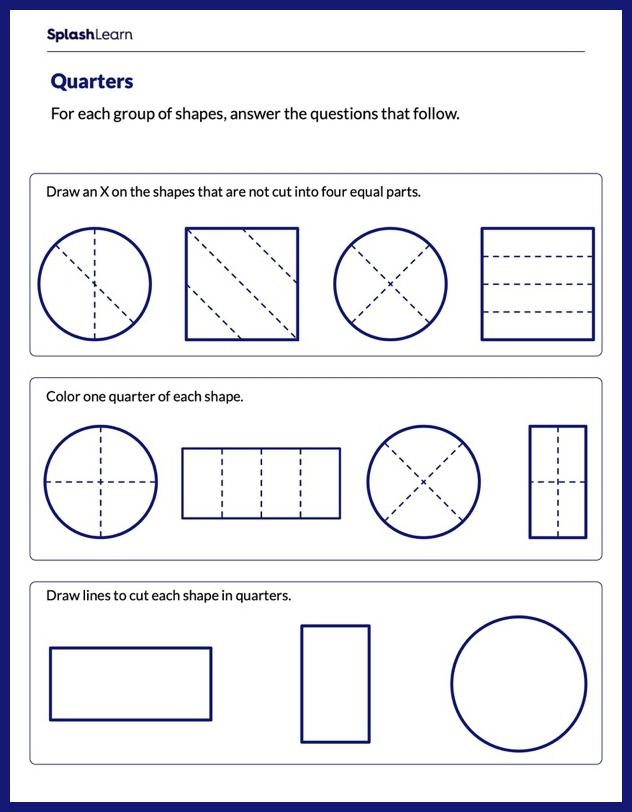 Identifying Halves, Thirds, and Fourths worksheet for Second Grade
