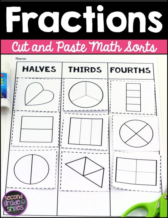 Identifying Halves, Thirds, and Fourths worksheet for Second Grade