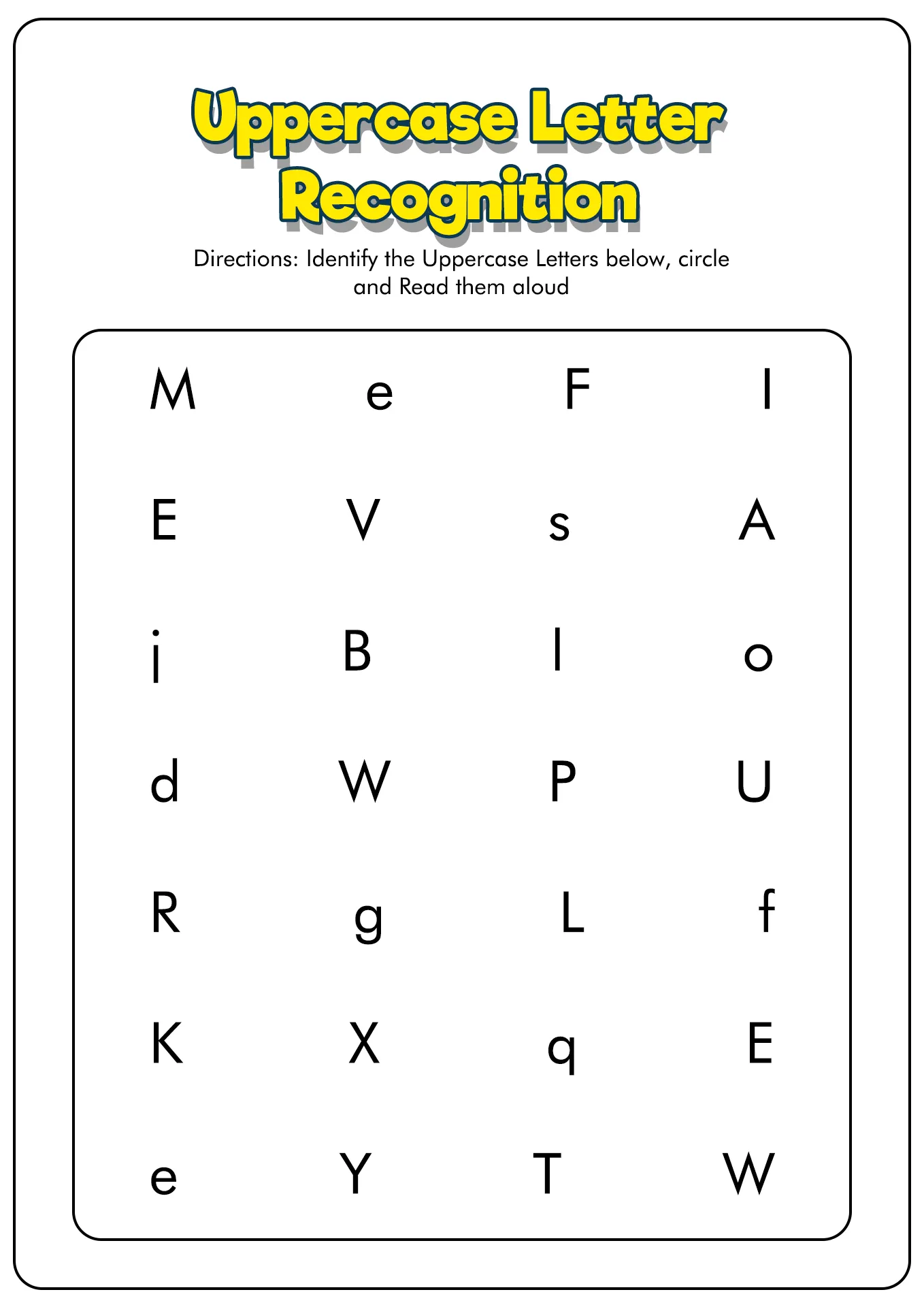 Worksheet for assessing preschool students' letter recognition skills