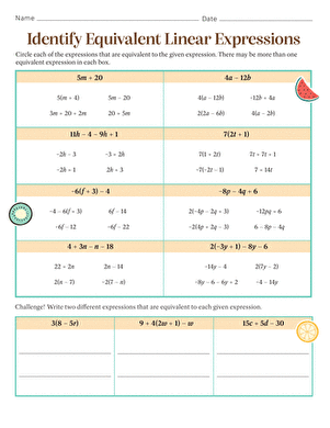 Practice sheet for recognizing equivalent linear expressions in algebra Worksheet for seventh graders on identifying equivalent linear expressions
