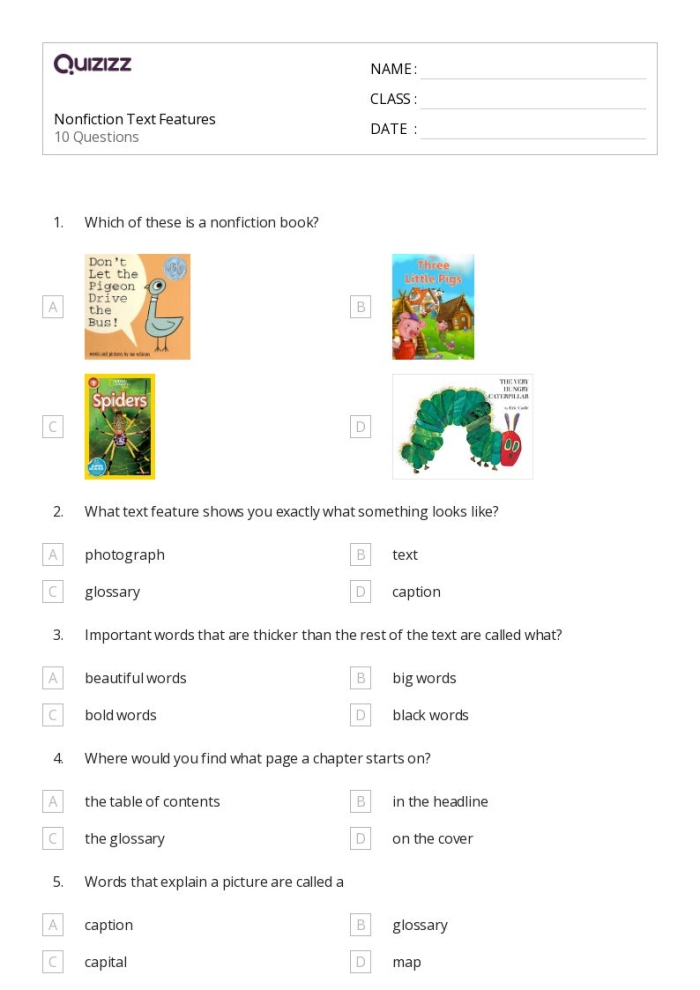 Third grade students identifying nonfiction text features like headings, captions, and diagrams on a worksheet page