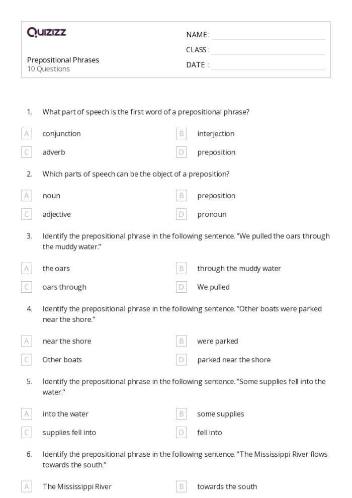 Identifying Prepositional Phrases Worksheet Grade 7 Number 18 Seventh grade grammar worksheet focusing on identifying prepositional phrases in sentence contexts